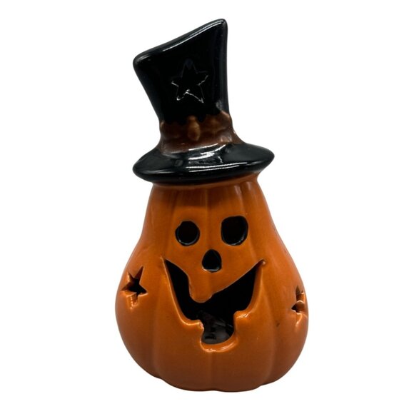 Halloween Pumpkin Ceramic light up battery operated decor Holder Hat 6x3.5" READ - Picture 1 of 7